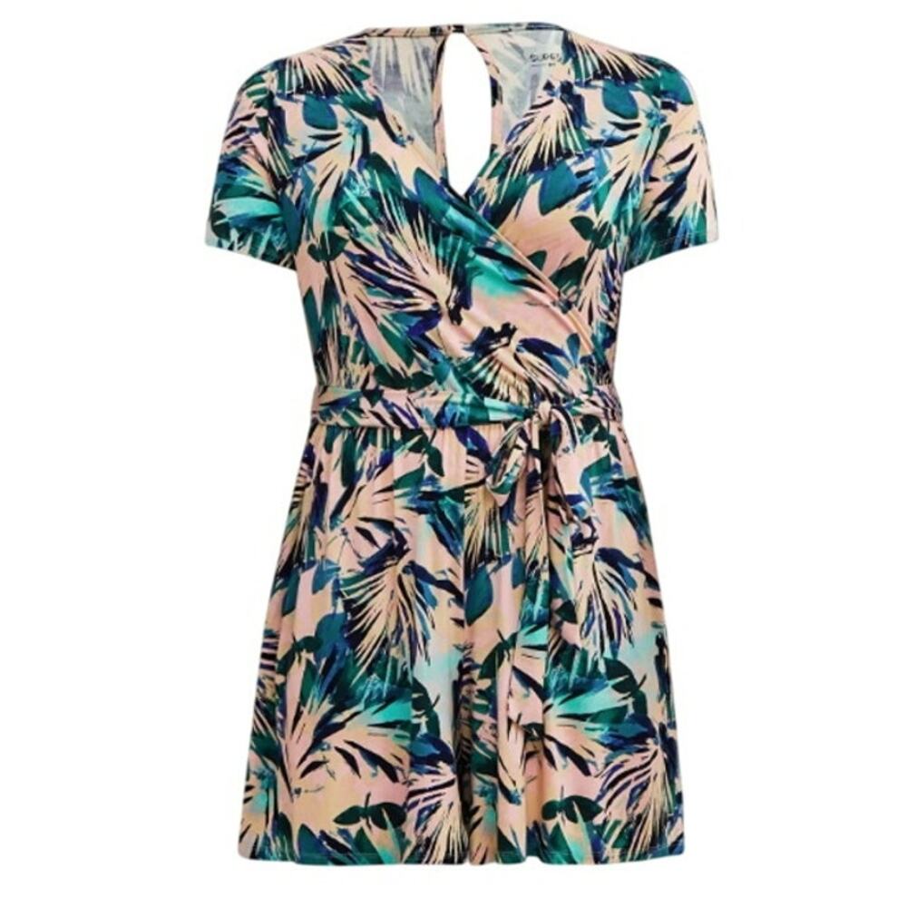TORRID Super Soft Surplice Romper Palm Leaf Pink and Green Size 3 (22-24)